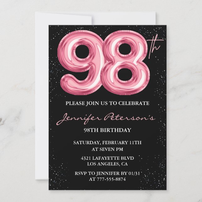 Svart Rosa Ballong Glam Glitter 98-årsdag Inbjudningar (Framsida)