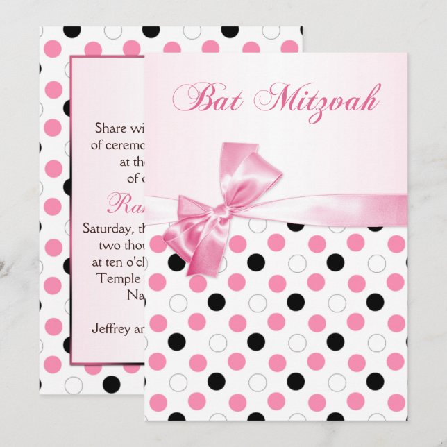 Svart rosa, bat mitzvah vitpolka dots inbjudningar (Fram/baksida)
