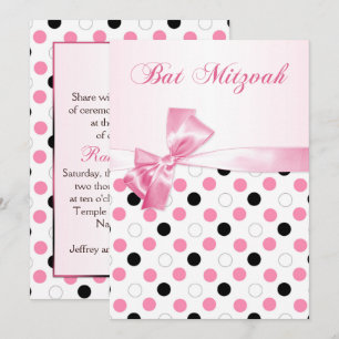 Svart rosa, bat mitzvah vitpolka dots inbjudningar