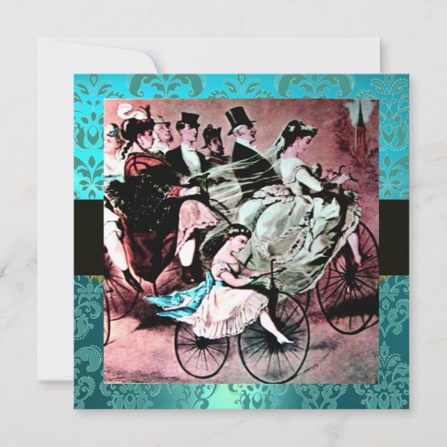 SVART ROSA BLÅ CYKEL BRÖLLLOP DAMASK MONOGRAM INBJUDNINGAR (Framsida)