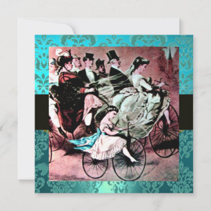 SVART ROSA BLÅ CYKEL BRÖLLLOP DAMASK MONOGRAM INBJUDNINGAR