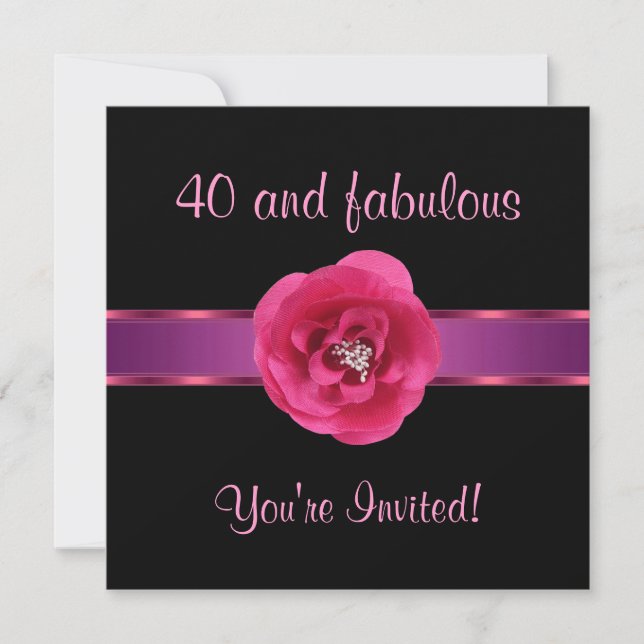 Svart Rosa Blomma Fabulous 40-års Fests Invitation Inbjudningar (Framsida)