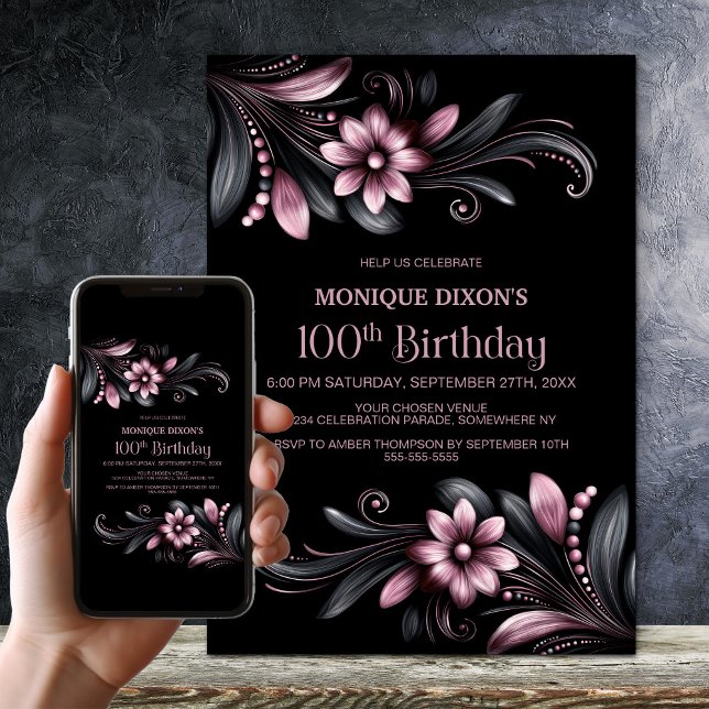 Svart Rosa Blommig 100-årsfest Inbjudningar (Skapare uppladdad)