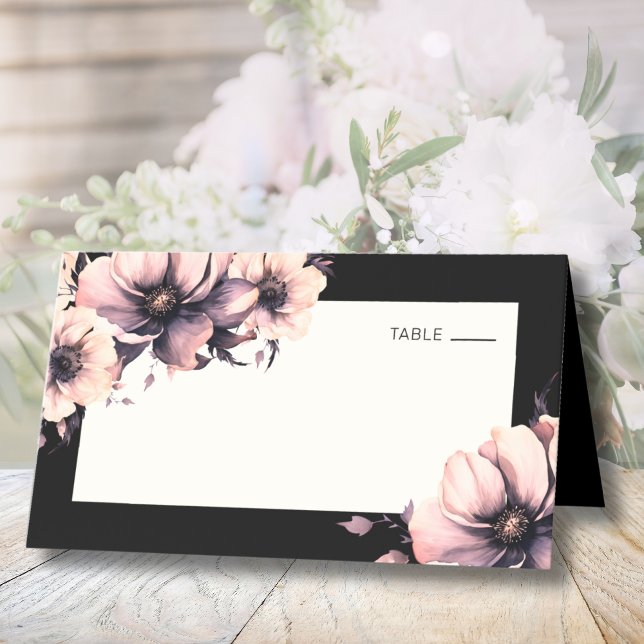 Svart Rosa Blommig Bröllop Placeringskort (Black Pink Floral Wedding Place Card)
