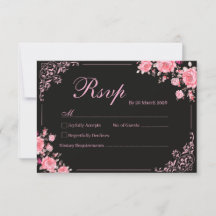 Svart & Rosa Blommig Bröllops RSVP-kort
