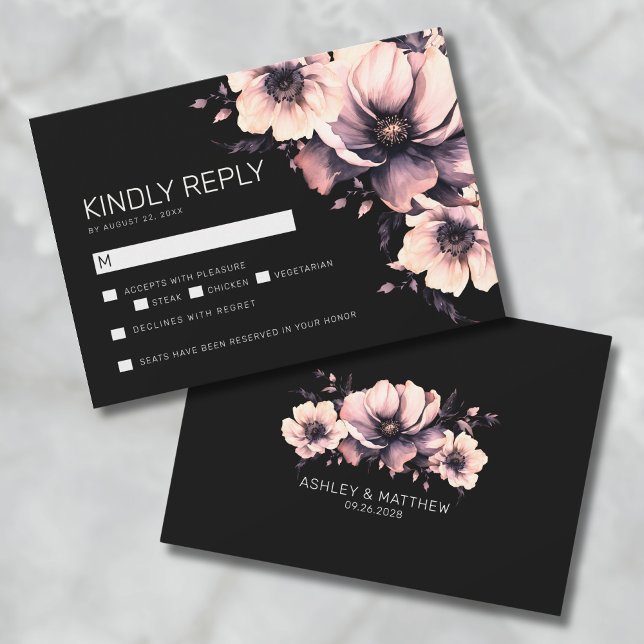 Svart Rosa Blommig Bröllops-Svarskort Anteckningskort (Black Pink Floral Wedding RSVP Card)