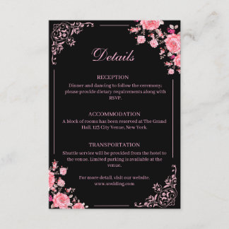 Svart & Rosa Blommig Bröllopsinkluderingkort Tilläggskort