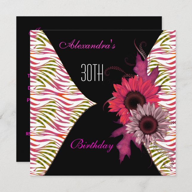 Svart Rosa Blommigt 30års födelsedag Party-inbjuda Inbjudningar (Fram/baksida)