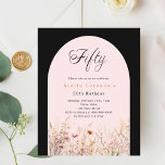 Svart rosa-blommigt-budget 50-årsdag<br><div class="desc">En elegant-jokerinbjudan. En svart bakgrund och en rosa färgad. Dekorerad med vattenfärgade vilda blommor i beige,  rosa. 1 lakan = 1 inbjudan tryckt kant till kant.</div>