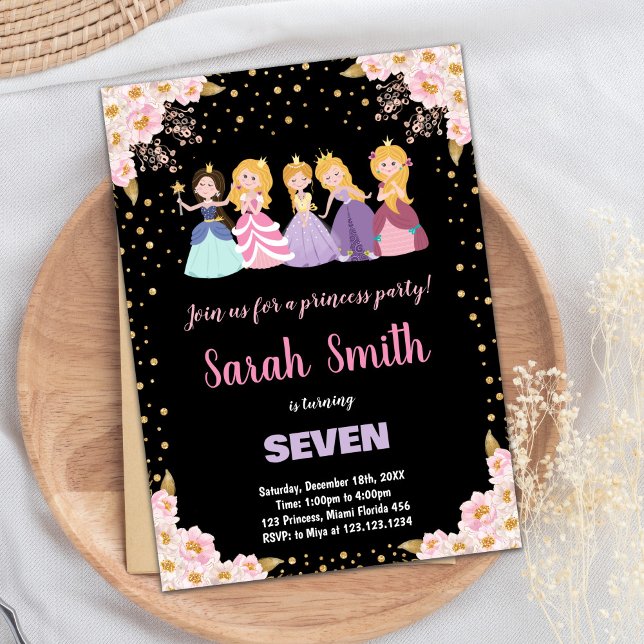 Svart Rosa Blommigt Glitter Princess Inbjudan (Black Pink Floral Glitter Princess Invitations)
