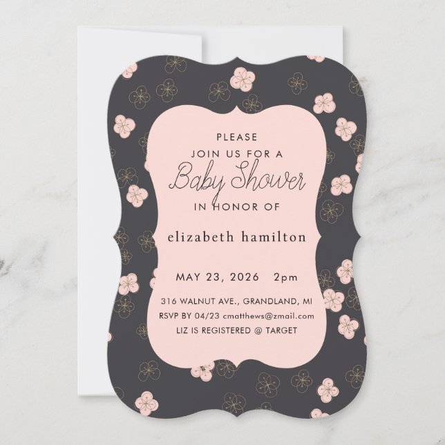 Svart & Rosa Blommor Baby Shower Inbjudan (Framsida)