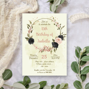 Svart  rosa blommor botanisk födelsedag inbjudningar