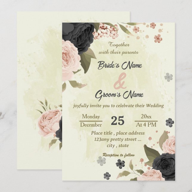 Svart  rosa blommor botaniska bröllop inbjudningar (Fram/baksida)