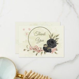 Svart rosa blommor botaniska bröllop tack kort