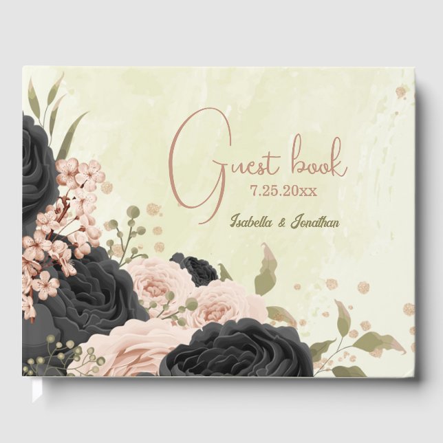 Svart  rosa blommor bröllop gästböcker (Framsida)