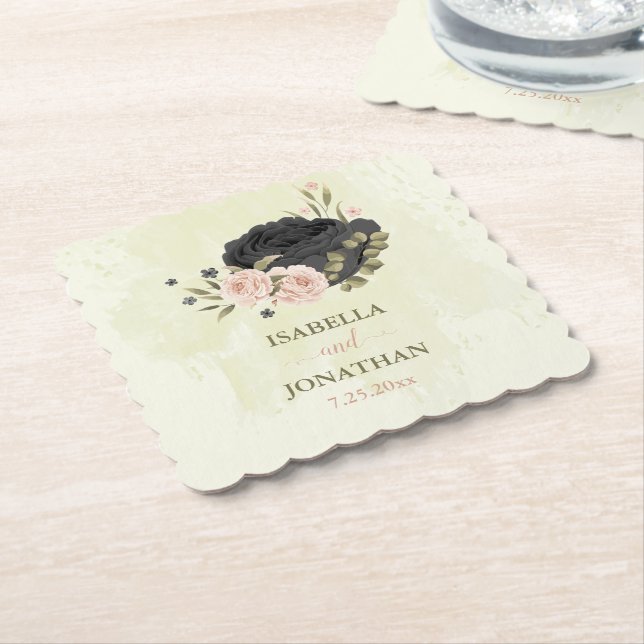 Svart  rosa blommor bröllop underlägg papper (Vinklad)