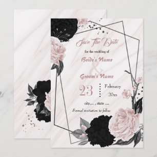 Svart rosa blommor grått löv botaniskt geometriskt spara datumet