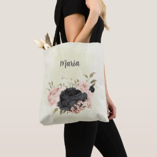 Svart  rosa blommor tygkasse