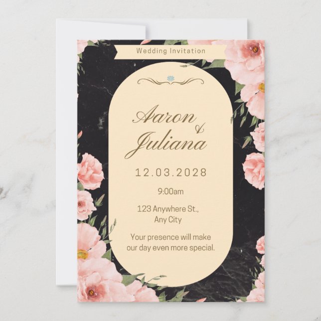 svart rosa blomsterbröllopsinbjudan  inbjudningar (Framsida)