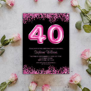Svart Rosa Buboner Glitter Party vid 40:e födelsed Vykort