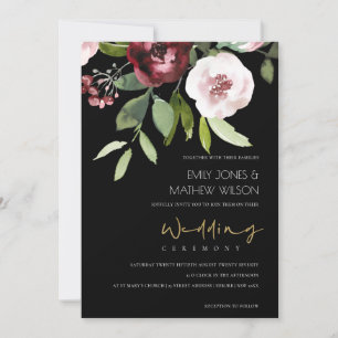SVART ROSA BURGUNDY PEONY BLOMMIGT BRÖLLOP INBJUDNINGAR