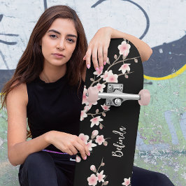 Svart Rosa Cherry Blommar Monogram Mini Skateboard Bräda 18,5 Cm