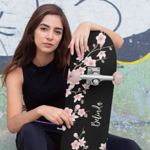 Svart  Rosa Cherry Blommar Monogram Mini Skateboard Bräda 18,5 Cm