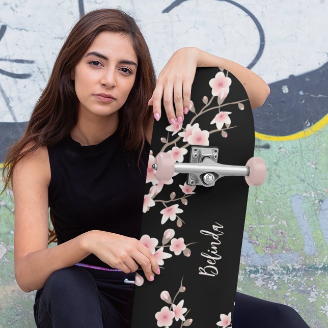 Svart  Rosa Cherry Blommar Monogram Mini Skateboard Bräda 18,5 Cm (Skapare uppladdad)
