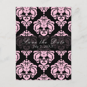 Svart & Rosa Damask Chic Bröllop Spara Datum Meddelande Vykort