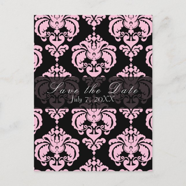 Svart & Rosa Damask Chic Bröllop Spara Datum Meddelande Vykort (Framsida)