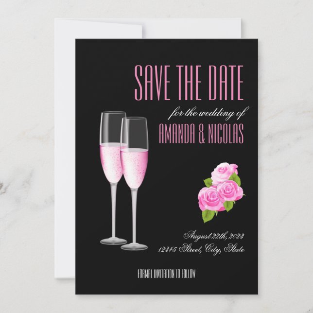 Svart rosa elegant modern Save the Date Bröllop Inbjudningar (Framsida)