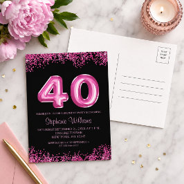 Svart Rosa Falskt Glitter 40-årsfest Inbjudan Vykort