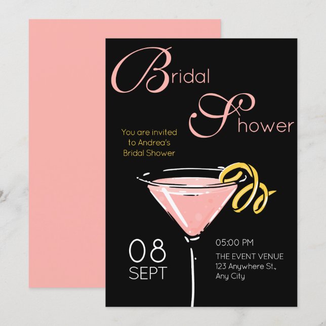Svart rosa fancy cocktail bröllopsfest inbjudningar (Fram/baksida)