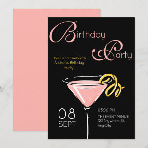 Svart rosa fancy cocktail födelsedag inbjudningar