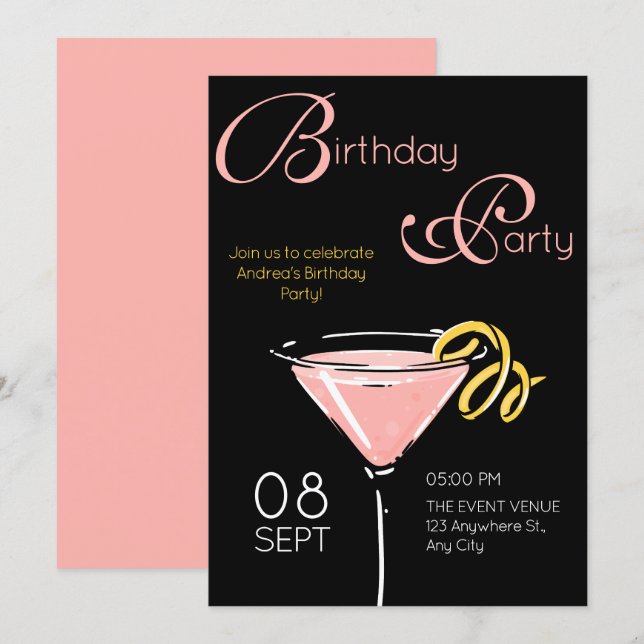 Svart rosa fancy cocktail födelsedag inbjudningar (Fram/baksida)