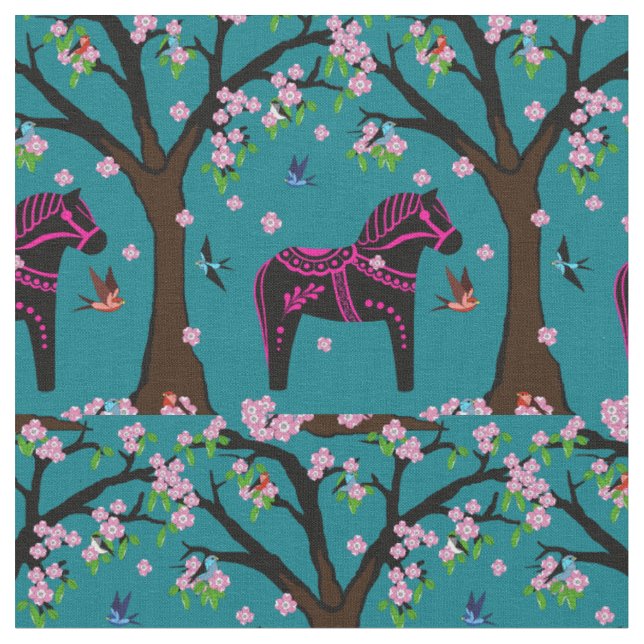 Svart/rosa folkdala häst/folkfåglar/blommor 2.7 tyg (Närbild)