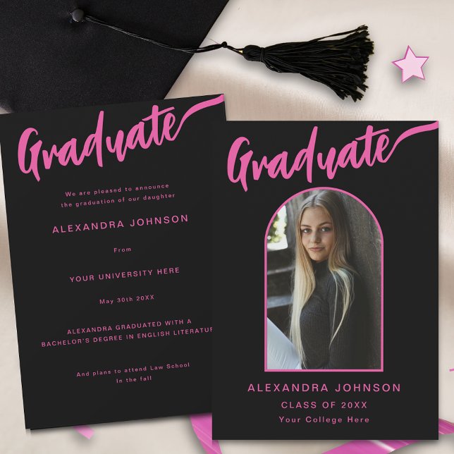 Svart Rosa för Modern Student Photo Arch- Meddelande (Stylish graduate photo arch hot pink calligraphy script black graduation announcement card)