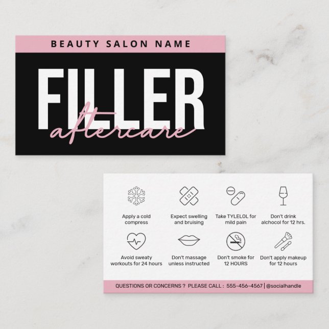 Svart Rosa Glam Filler Eftervårdsguide Visitkort (Fram/baksida)