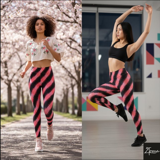 Svart Rosa Glitch Cyber Diagonal Plaid Leggings (Skapare uppladdad)