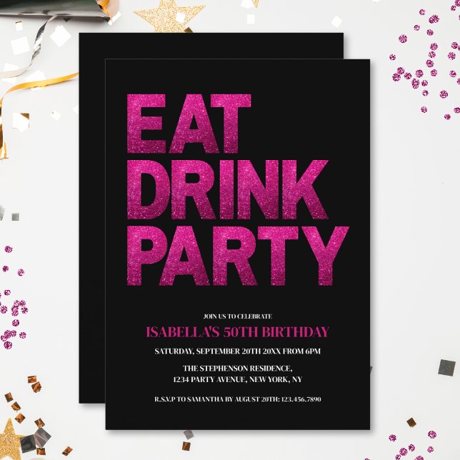 Svart Rosa Glitter Ät Drick Party 50-årsdag Inbjudningar (Skapare uppladdad)