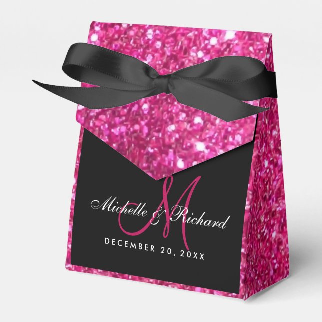 Svart Rosa Glitter Monogram Bröllopsgåva Box Presentaskar (Framsidan Sidan)