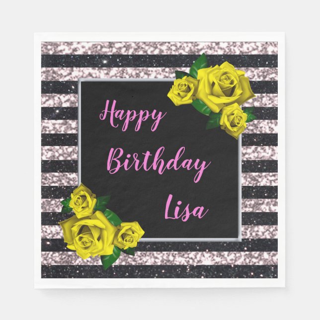 Svart Rosa Glitter Rand Gul ros Pappersservett (Framsidan)