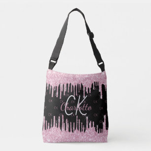 Svart rosa glitterdropp monogram elegant axelväska