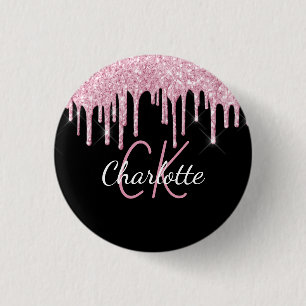 Svart rosa glitterdroppar anpassad monogramnamn knapp