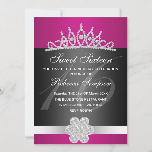 Svart & Rosa Glittrande Tiara Födelsedagsinbjudan Inbjudningar (Framsida)