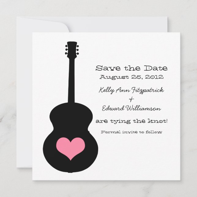 Svart/Rosa Guitar Heart Spara datum Inbjudan (Framsida)