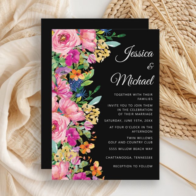 Svart Rosa Gula Akvarell Vilda Blommor Bröllop Inbjudningar (Elegant pink watercolor floral on black wedding invitation)
