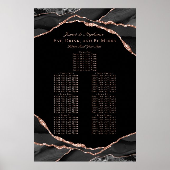 Svart Rosa Guld Agat Bröllops Placeringsplan Poster (Framsidan)