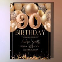 Svart Rosa Guld Ballonger 90-års Födelsedagsinbjud