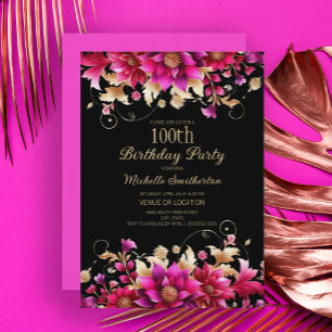 Svart Rosa Guld Blommig 100-årsfest Inbjudningar
